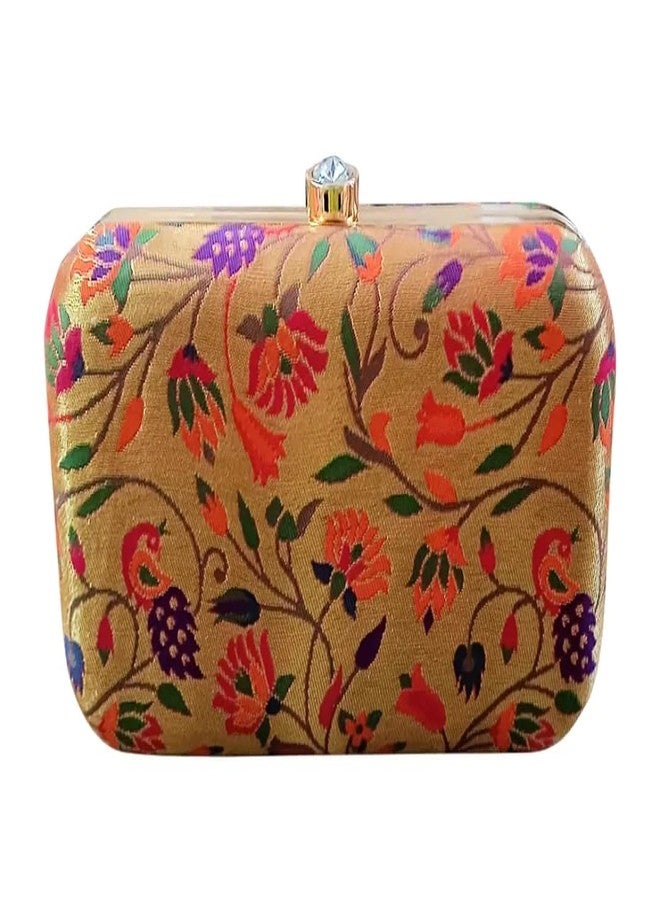 Firstdemand Paithani hand Clutch Purse with Chain Sling - Ethnic & Traditional Woven from Semi Paithani Silk - Box shaped Magnetic snap Box Purse (Golden Paithani Clutch) - Image 1